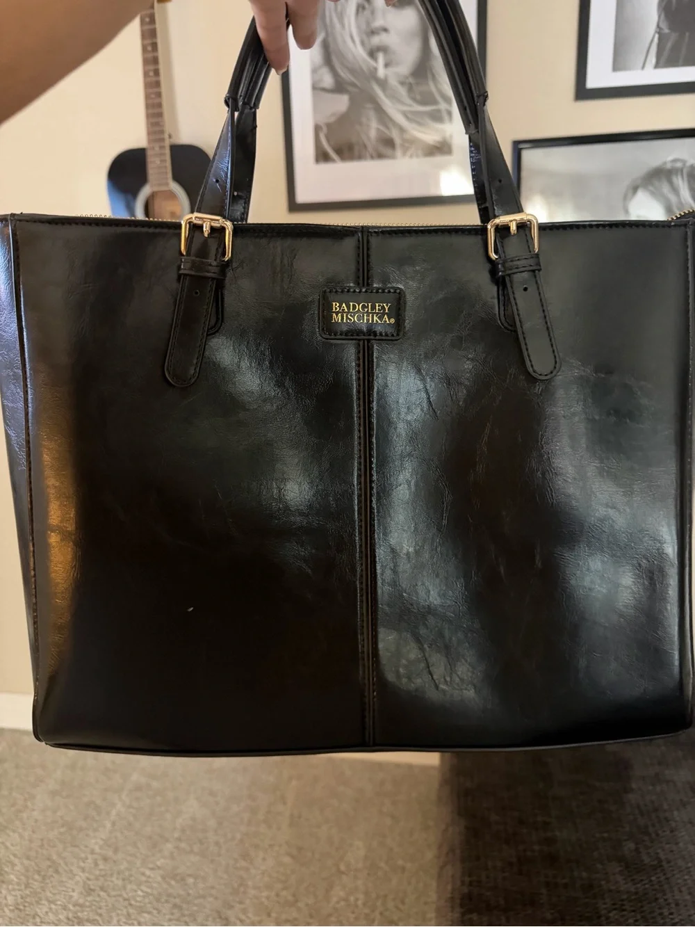 Badgley Mischka Black Leather Structured Tote with Front Pocket